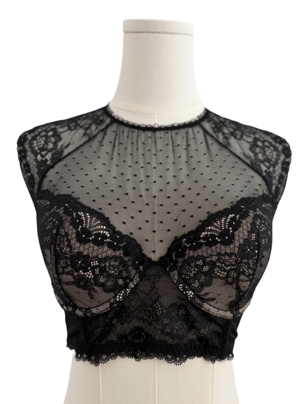Dobreva Black Sheer Lace Bustier Coquette Romantic Goth Mesh Bralette Top (34D)